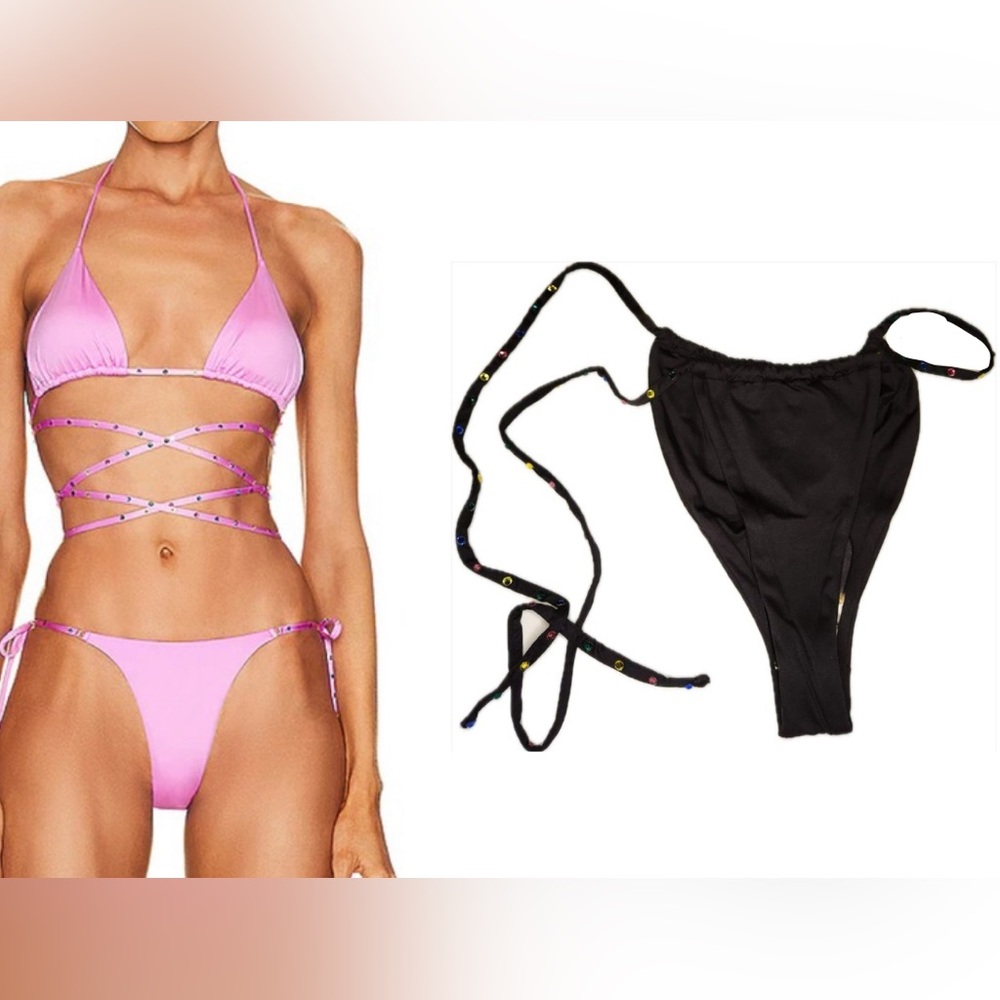 Monica Hansen Stardust Rhinestone Tie Side Bikini Bottom Black NWT S